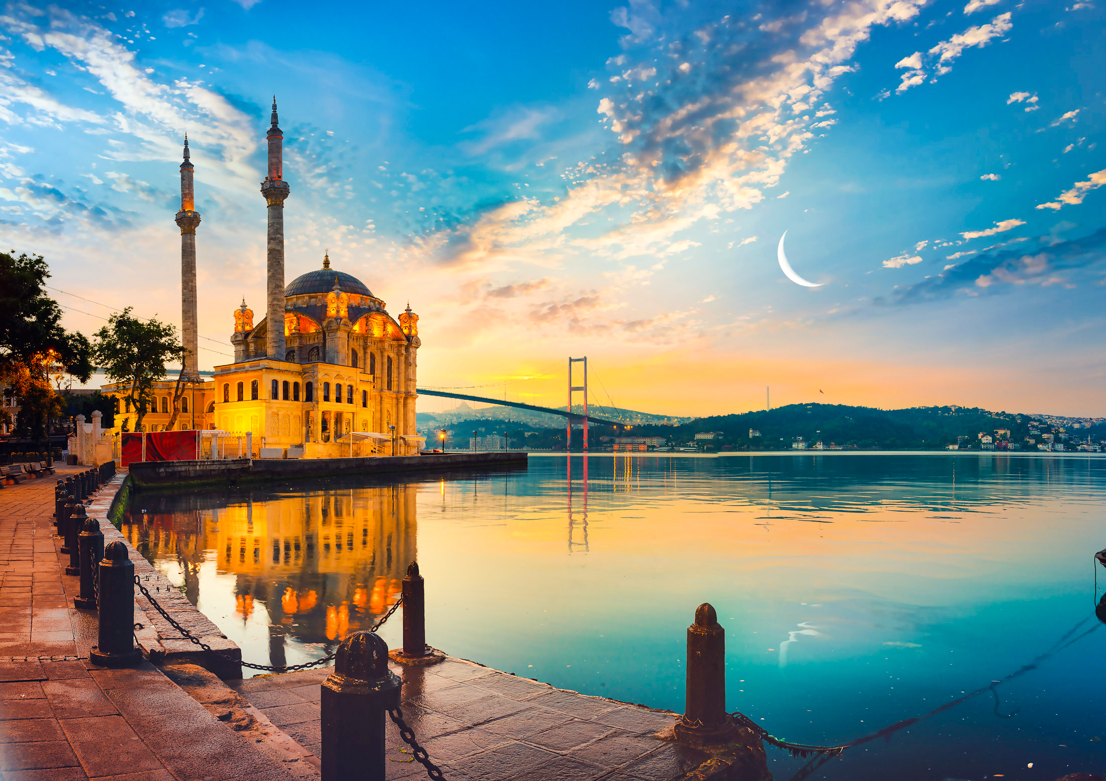 Ortakoy Mosque and Bosphorus bridge in Istanbul at sunrise, Turkey