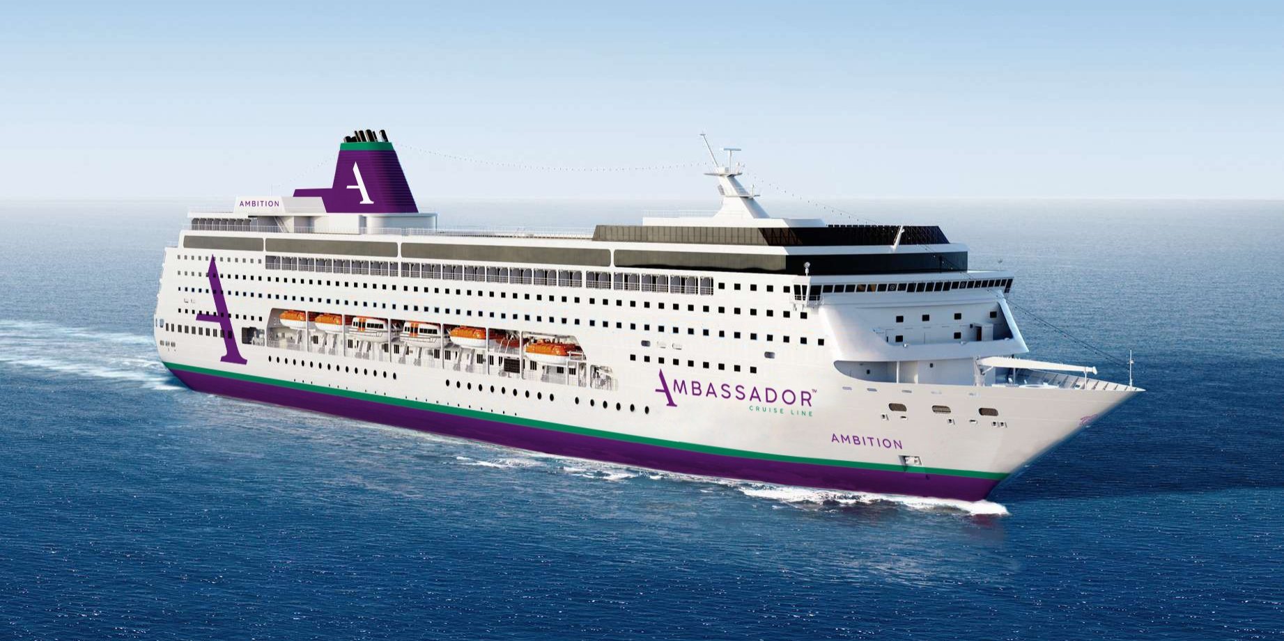 So sieht die AIDAmira bald aus: Als „Ambition“ wird sie über die Weltmeere fahren. (Foto: Ambassador Cruise Line)