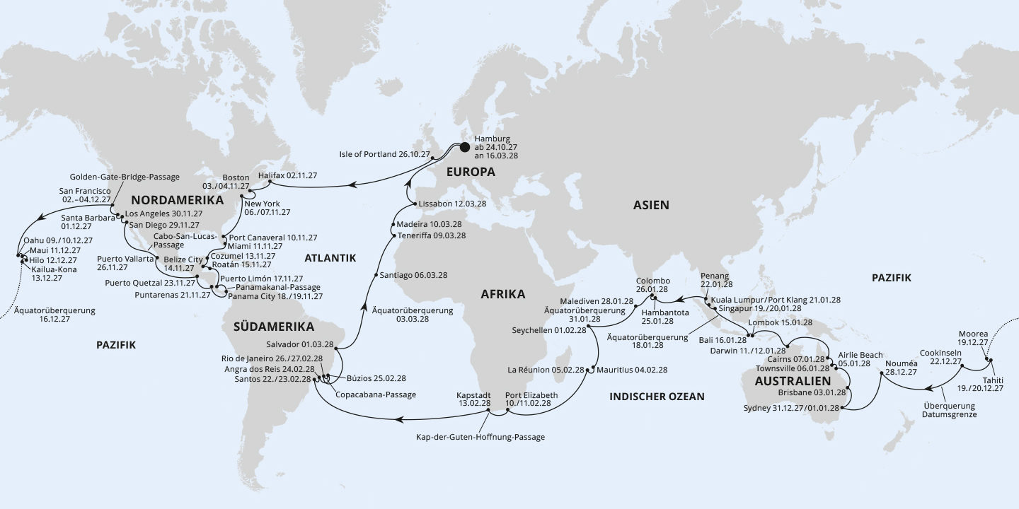 Die Route der Weltreise mit AIDAdiva 2027. (Foto: AIDA Cruises)