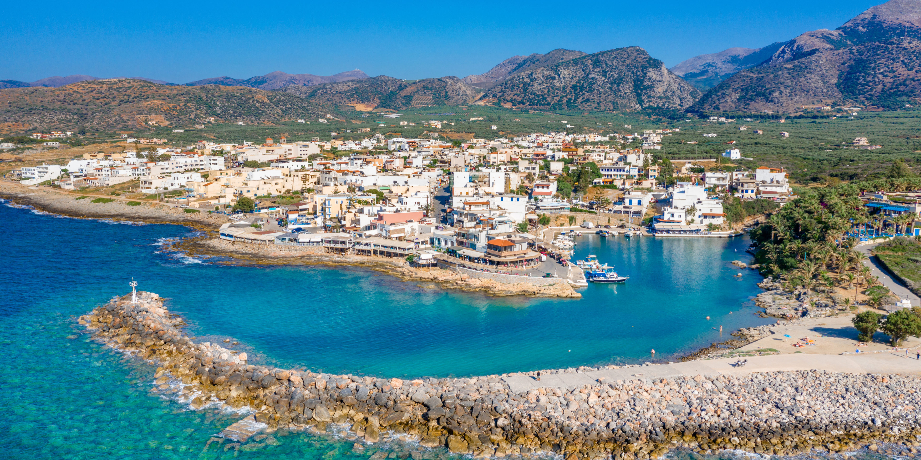 Aerial view of the old harbor of traditional village Sisi, Crete, Greece
