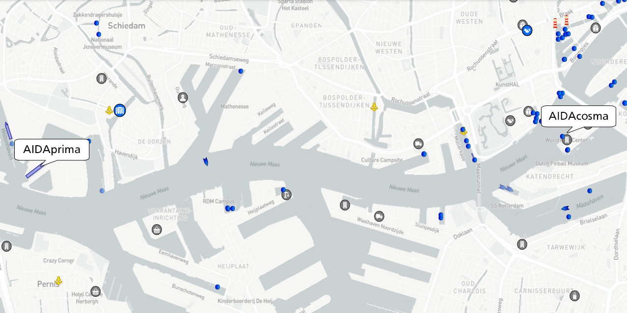 AIDAprima und AIDAcosma in Rotterdam. (Screenshot: MarineTraffic)